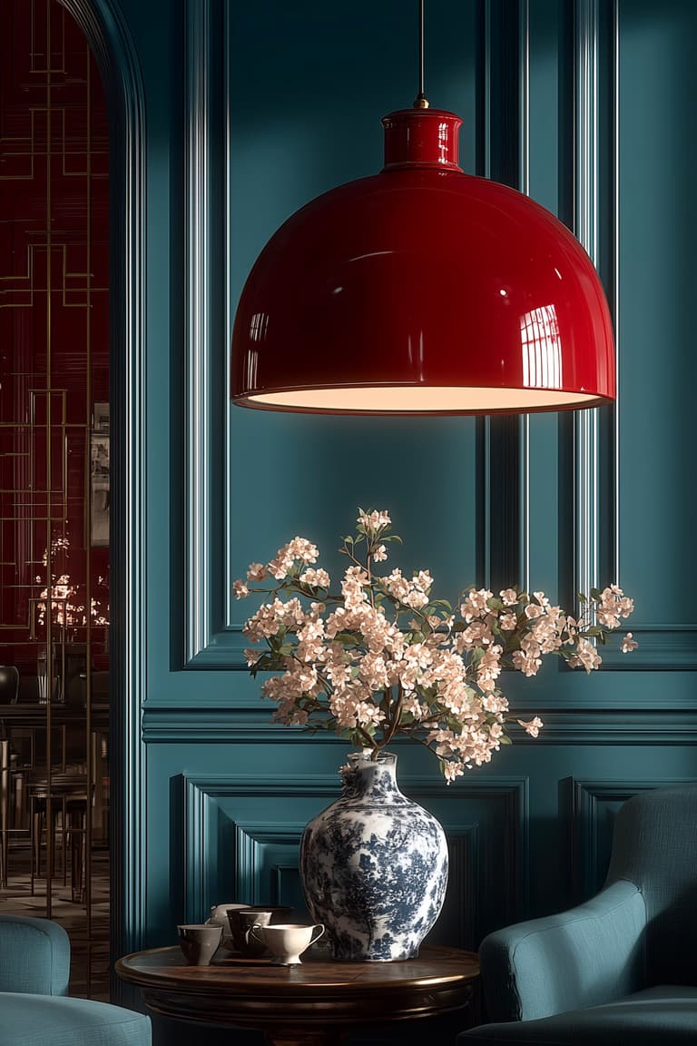 suspension rouge laqué design mur bleu moulures