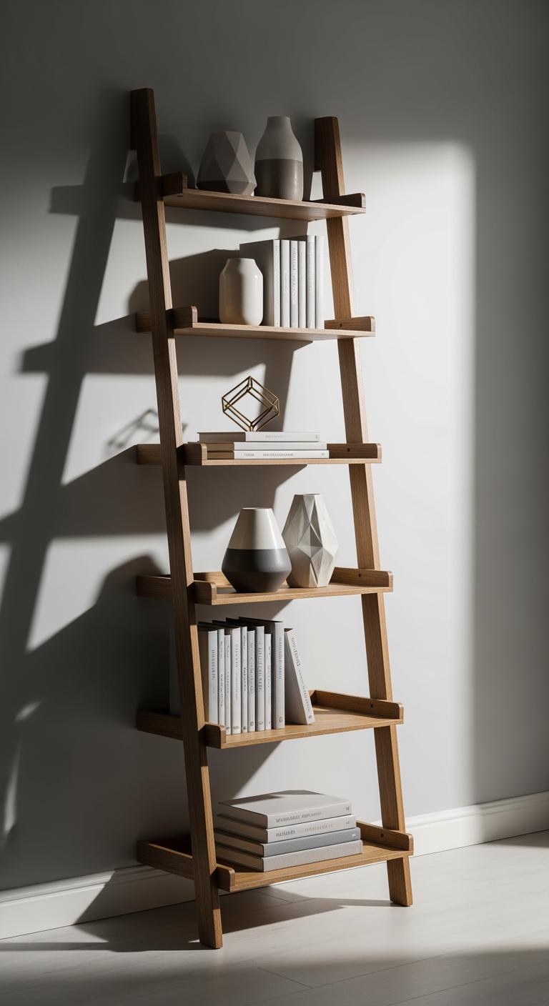 Une bibliothèque autoportante de style échelle en bois, posée contre un mur gris, avec des livres et des objets décoratifs minimalistes.