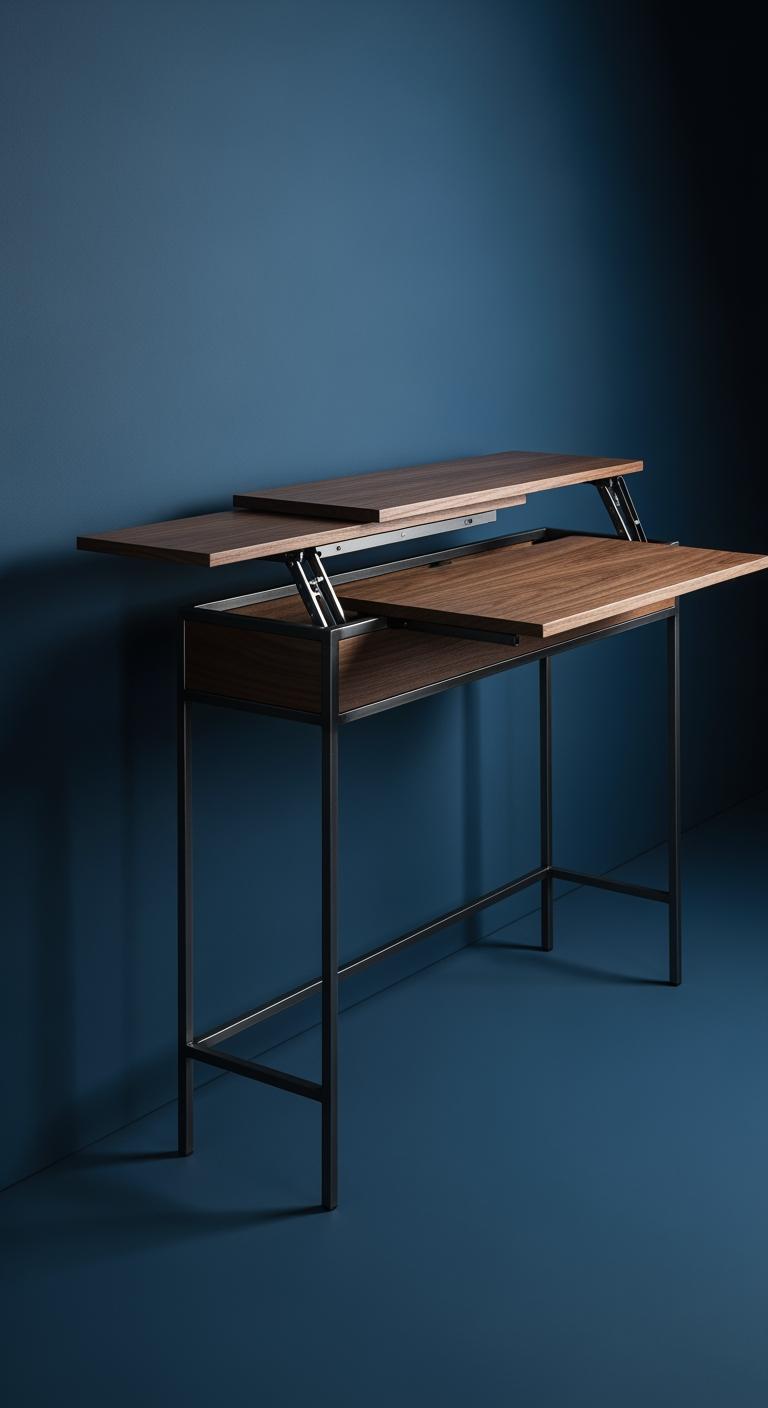 Une console extensible en bois foncé et métal, photographiée en cours de transformation pour révéler sa fonction de bureau.