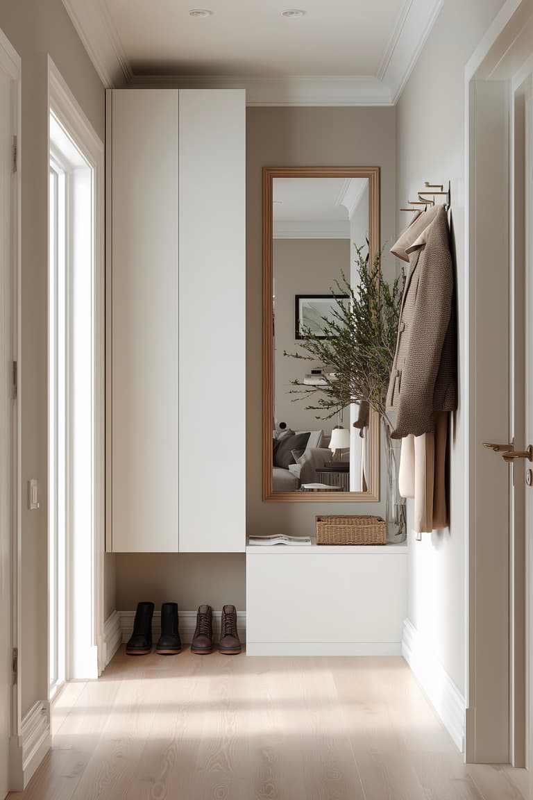 Aménagement entrée étroite avec armoire haute blanche, commode murale, miroir en bois et patères pour manteaux
