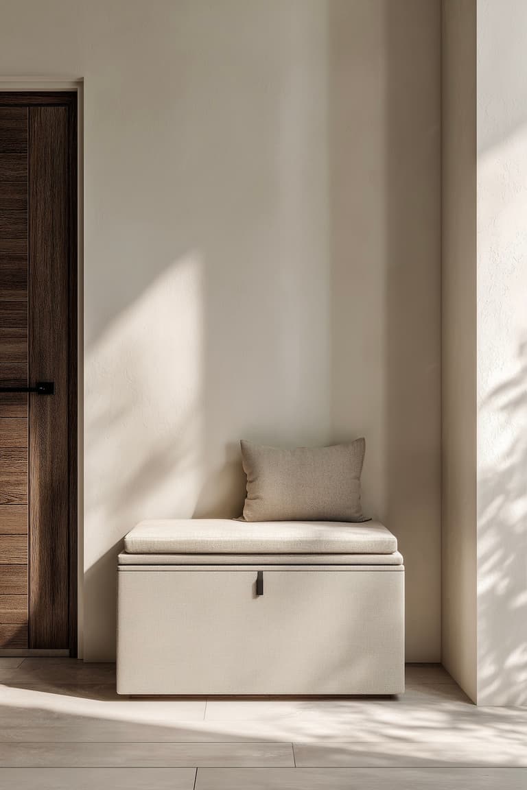 Banc coffre d'entrée en tissu beige avec coussin décoratif et rangement intégré, style minimaliste