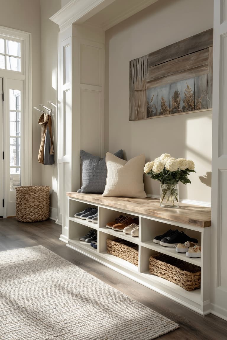Banc d'entrée en bois et blanc avec rangement chaussures ouvert, paniers en osier et coussins décoratifs