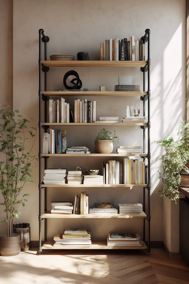 bibliothèque industrielle diy tubes acier métal plomberie
