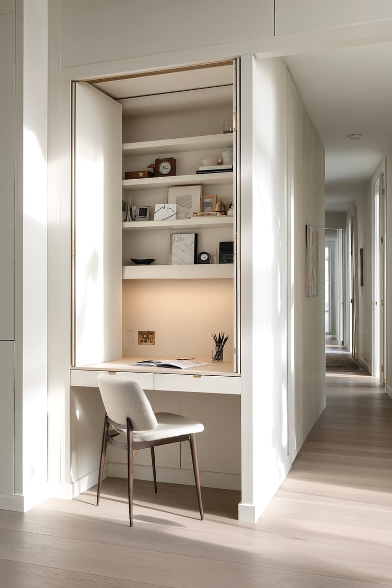 Bureau intégré dans niche murale avec étagères sur mesure et éclairage LED dans petit appartement moderne