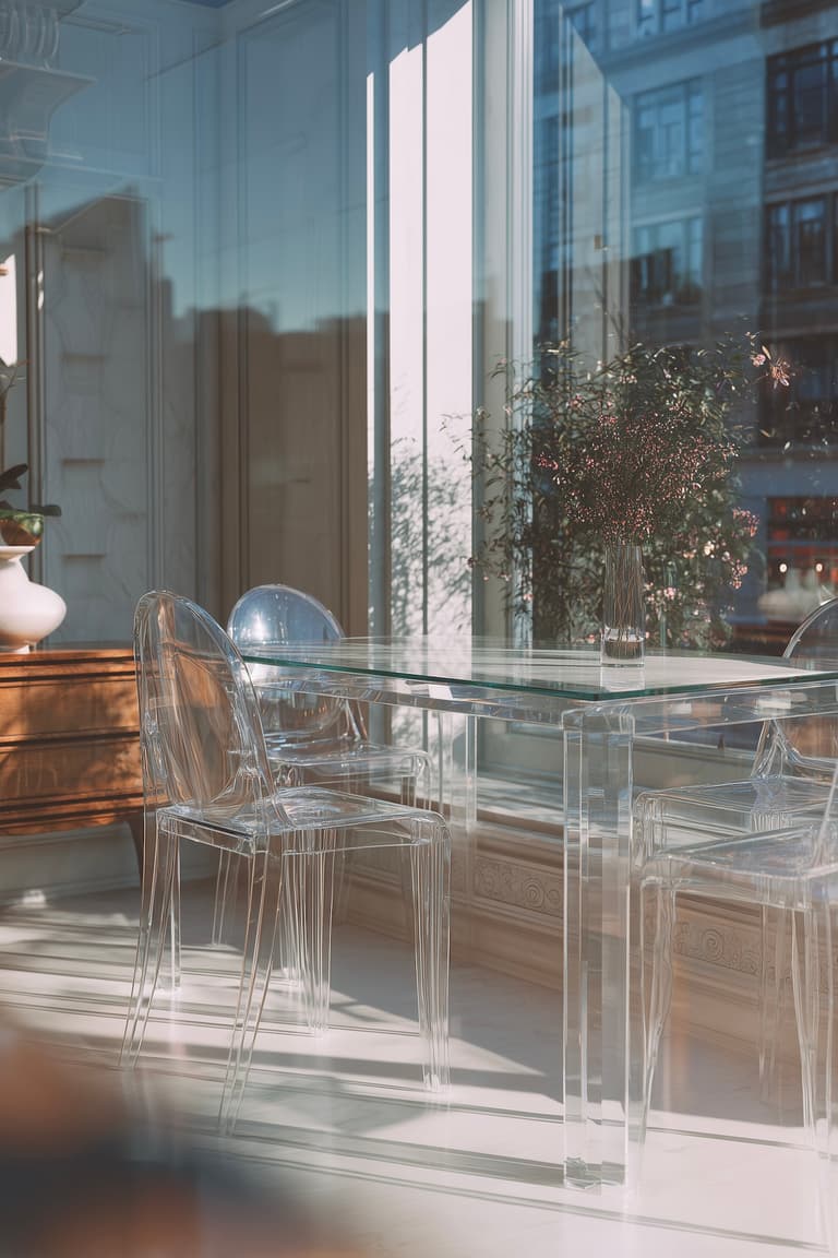 coin repas table verre chaises transparentes lumineux