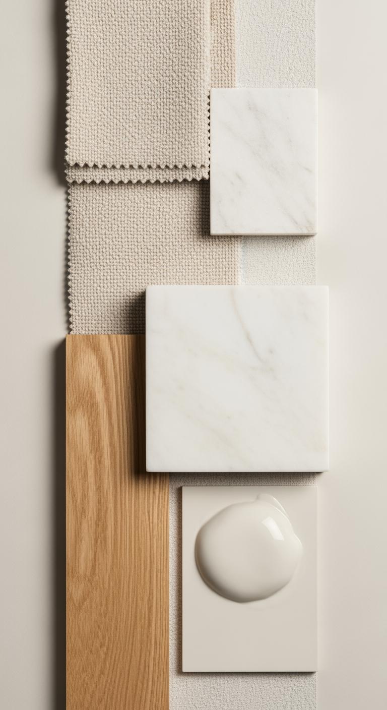 Composition de plusieurs échantillons de matières aux couleurs claires : tissu bouclé, bois de chêne, marbre blanc et peinture.