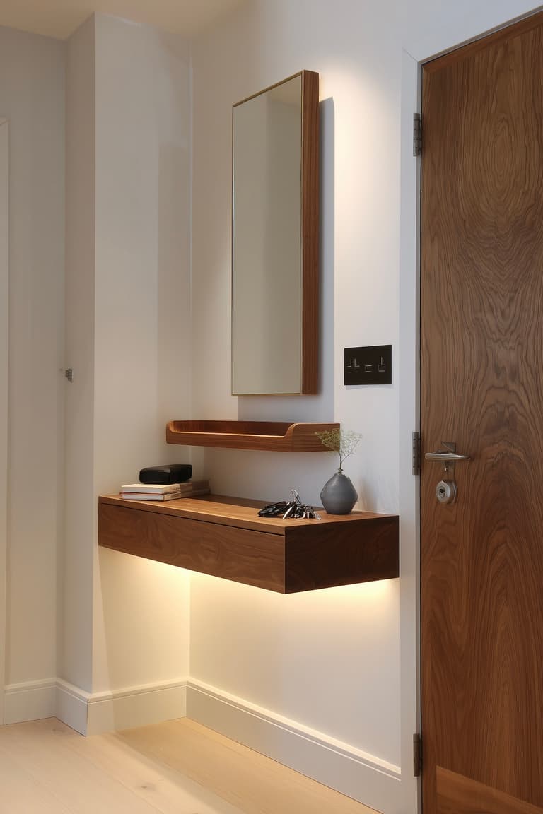 console entrée suspendue bois noyer miroir