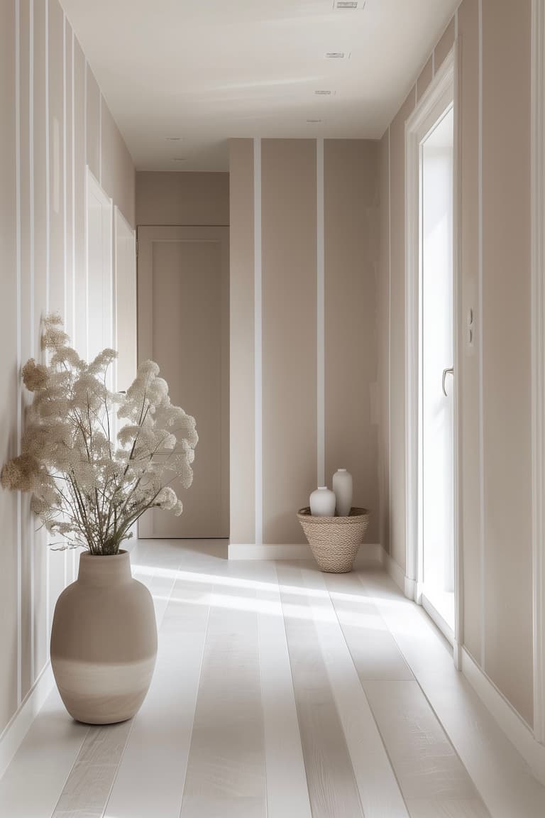 couloir beige grosses rayures verticales sol clair parquet peint