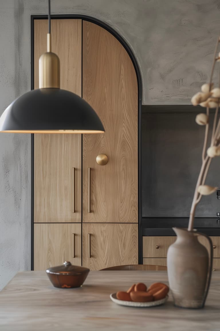cuisine bois noir mur béton laiton placard arche