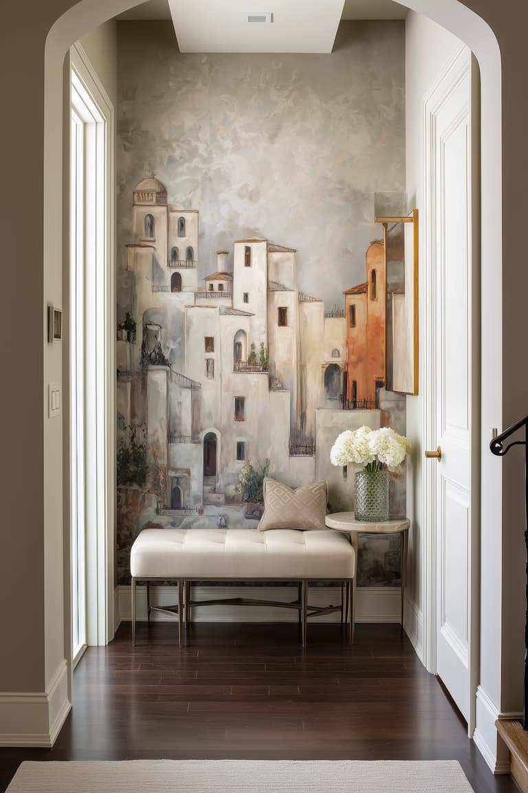 décoration couloir peinture village tableau trompe l'oeil