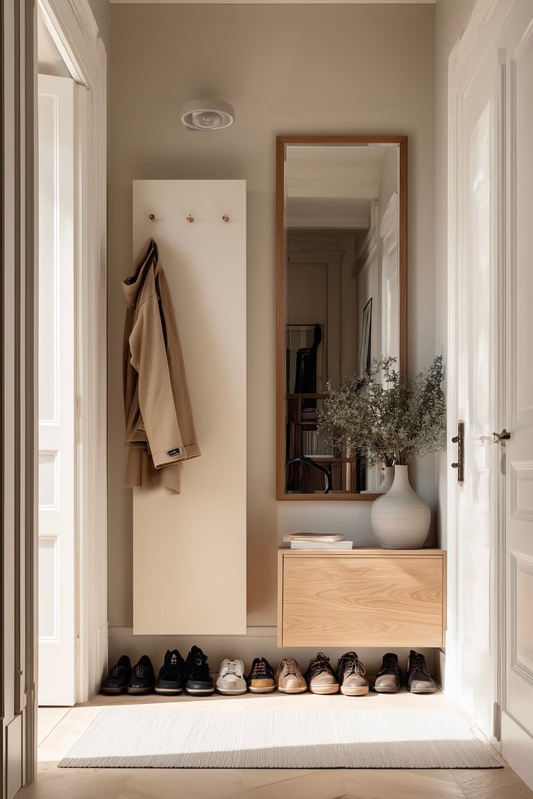 Petite entrée d'appartement parisien avec panneau mural à crochets, meuble à chaussures suspendu en chêne et miroir rectangulaire en bois