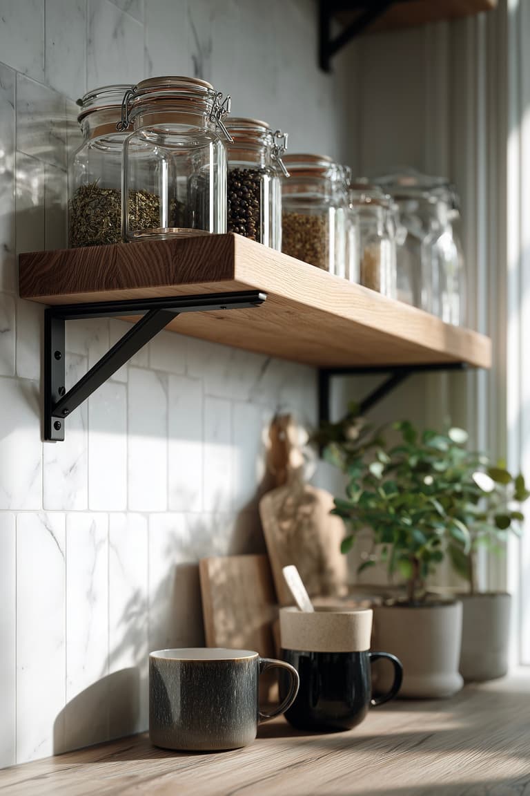 étagère cuisine chêne équerres noires bocaux verre