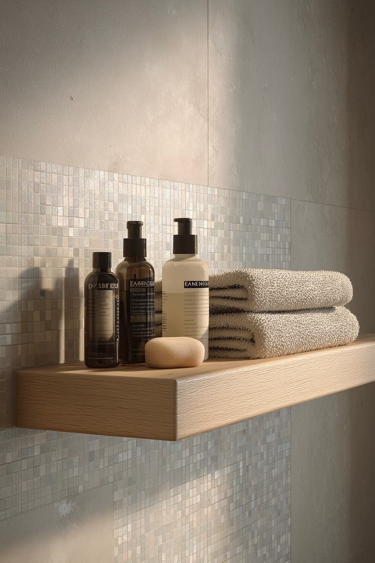 étagère salle bains bois clair déco minimaliste
