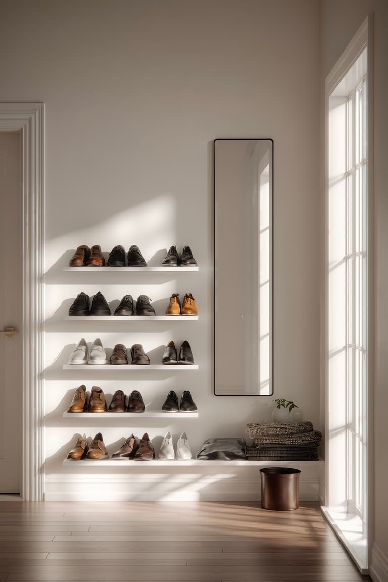 Meuble chaussures entrée peu encombrant avec étagères murales fines blanches et miroir en pied dans entrée étroite