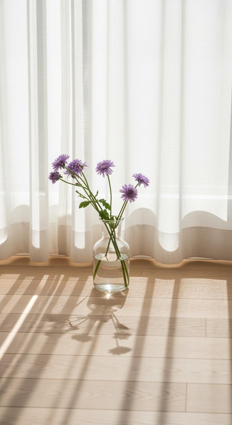Gros plan de la lumière du soleil filtrant à travers un voilage blanc, se reflétant sur un parquet en bois clair pour agrandir l'espace.