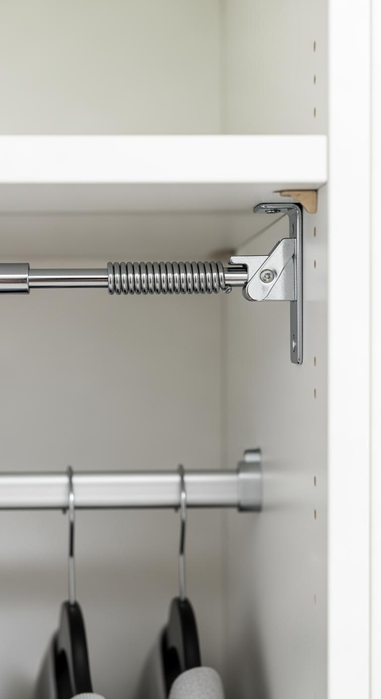 Gros plan sur une tringle télescopique à tension installée dans une penderie pour créer un deuxième niveau de rangement vertical.