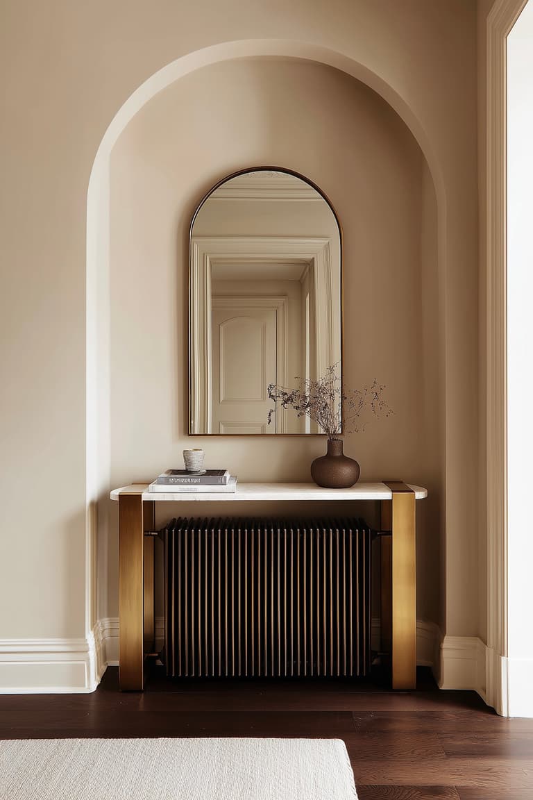 idée déco entrée meuble laiton marbre chauffage fonte