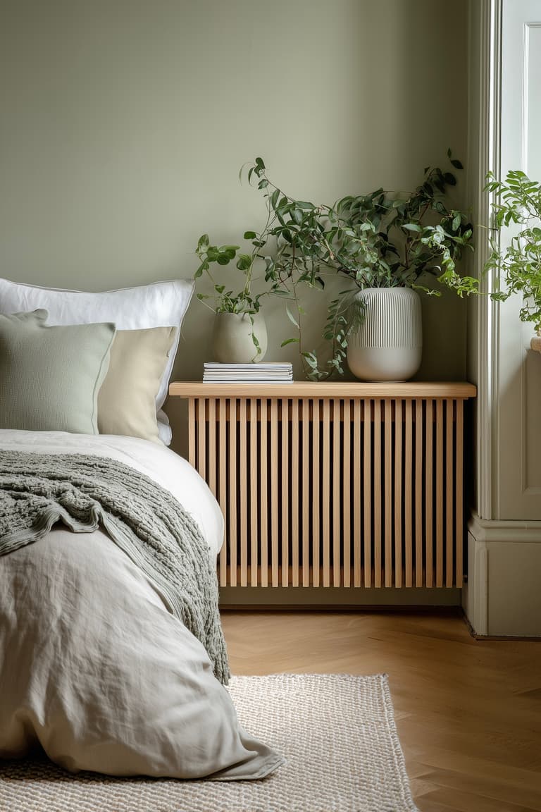 idée déco masquer chauffage coffrage bois console