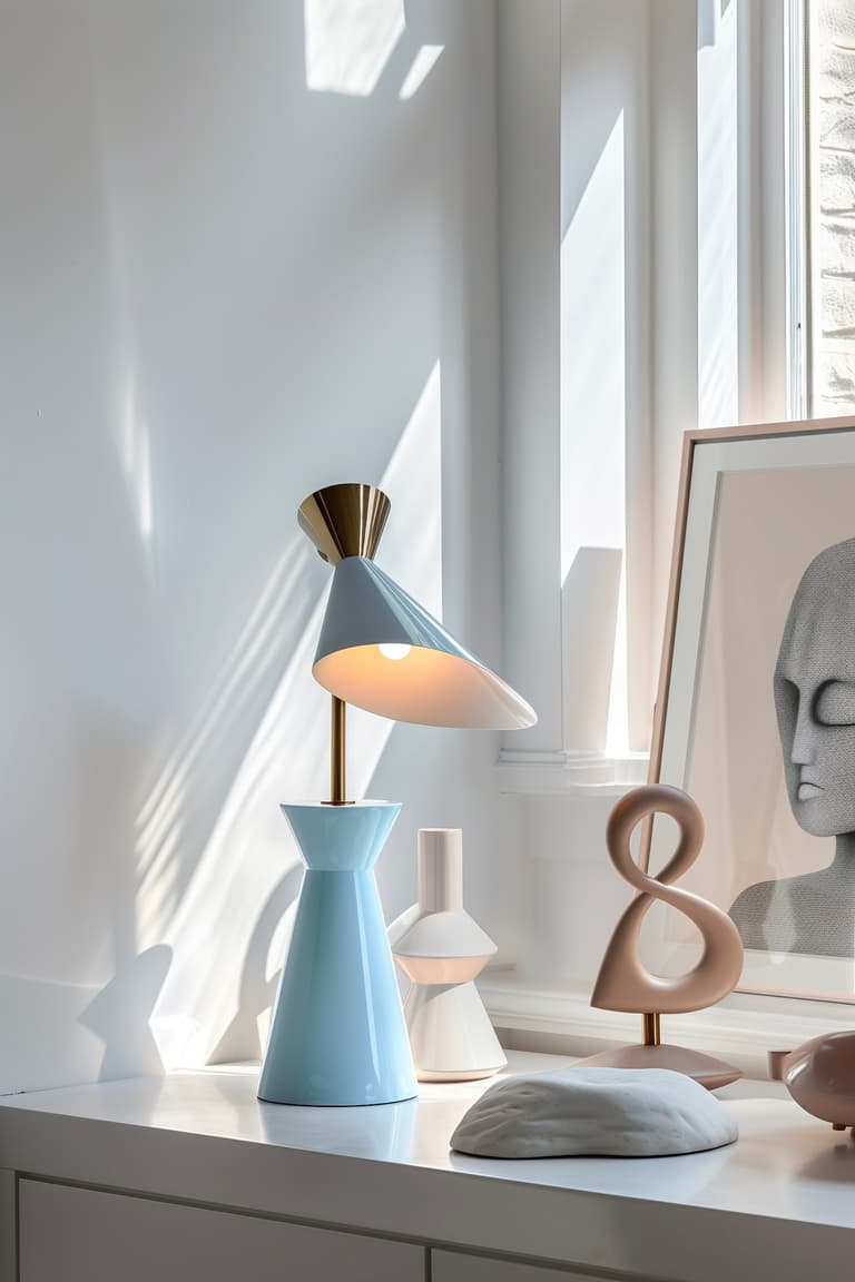 lampe bleu pastel pied conique déco minimaliste