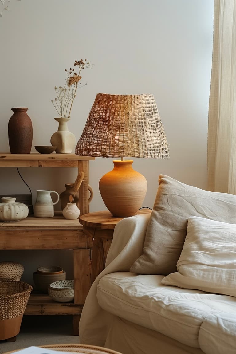 lampe céramique terracotta abat jour rotin salon naturel