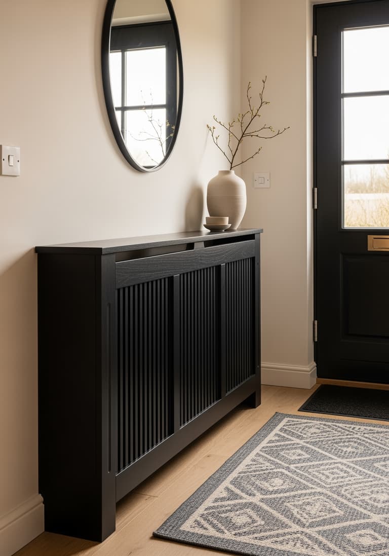 Le cache-radiateur en bois terminé et peint en sombre, utilisé comme une étagère d'entrée avec un vase décoratif posé dessus.