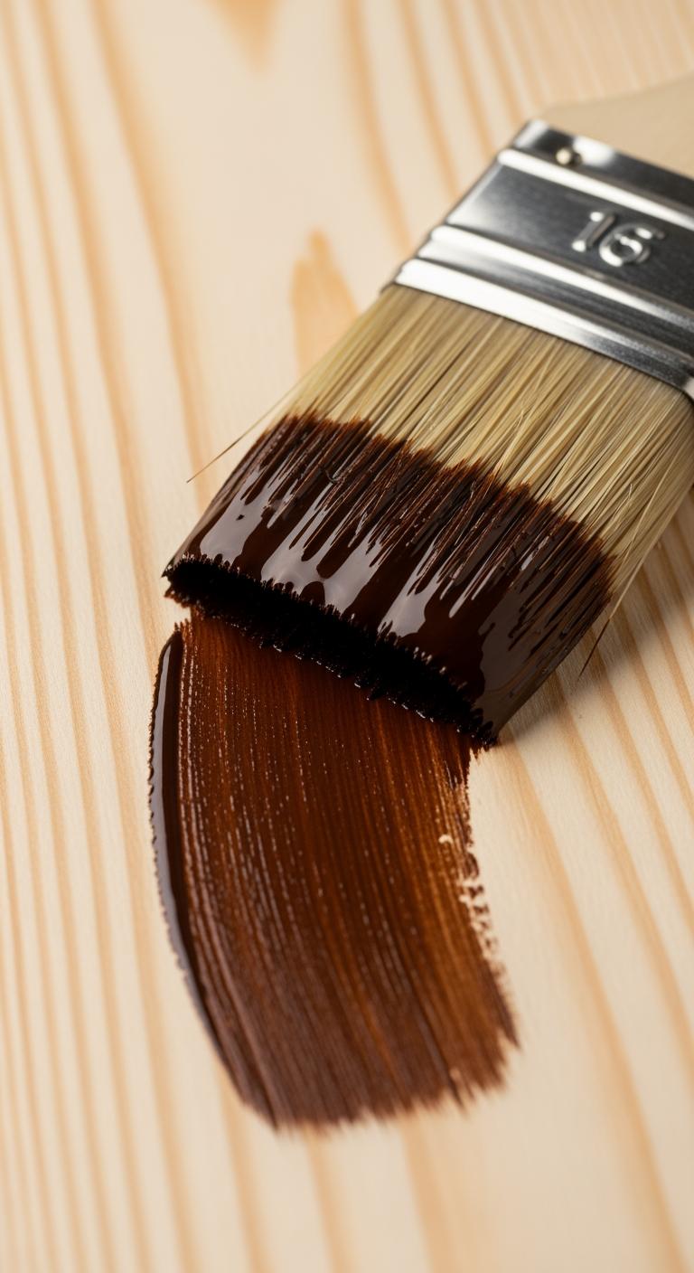 Macro d'un pinceau appliquant une teinte de bois foncé sur une planche de pin, montrant la personnalisation d'une étagère.