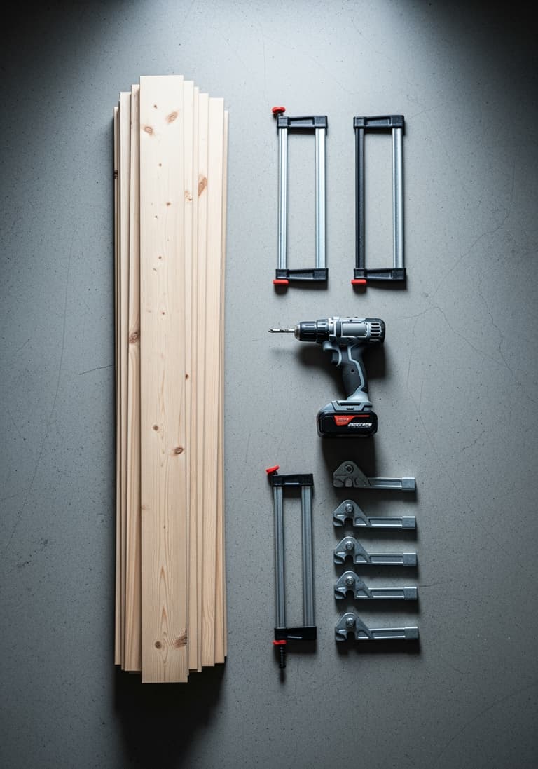 Matériel de bricolage pour un cache-radiateur : des tasseaux de pin, une perceuse-visseuse et des serre-joints bien organisés au sol.