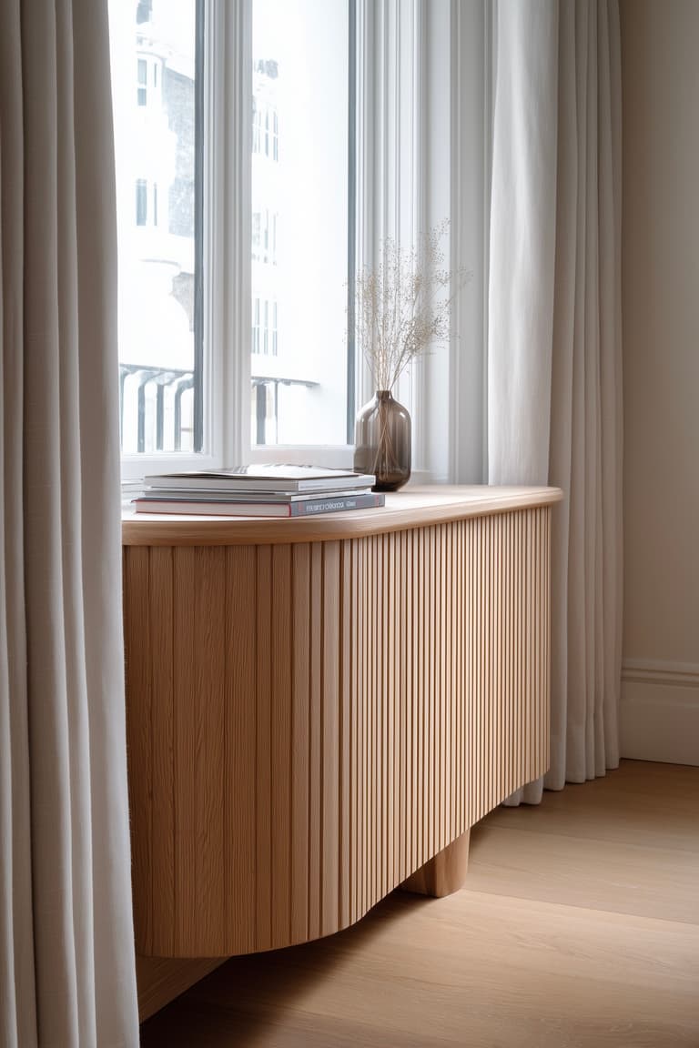 meuble arrondi bois organique sous fenêtre