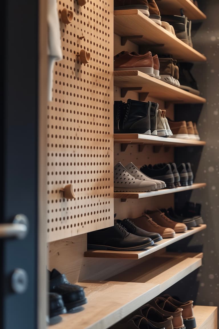 Meuble chaussures entrée peu encombrant avec panneau perforé en bois et étagères modulables