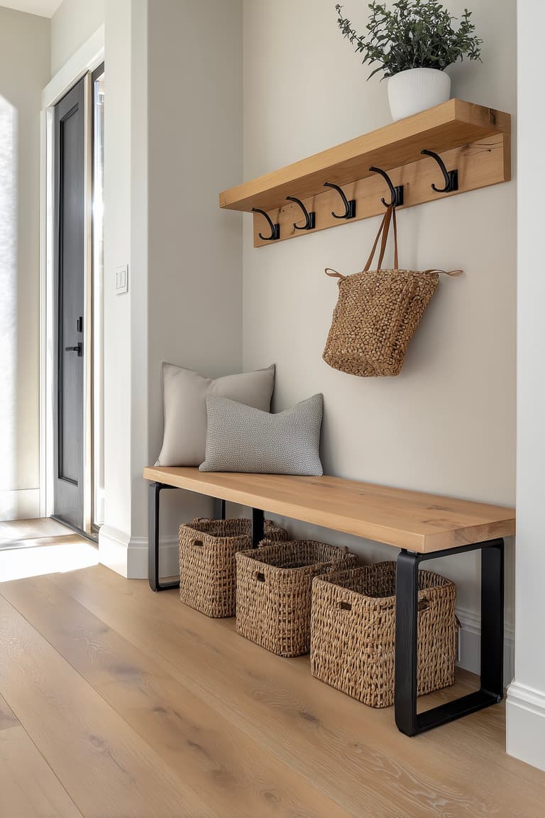 Banc d'entrée bois et métal noir avec paniers en osier pour chaussures et étagère murale porte-manteaux