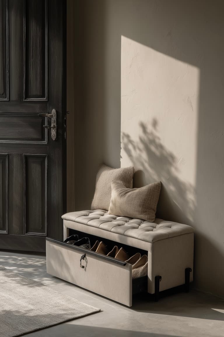 Banc d'entrée capitonné beige avec tiroir basculant range-chaussures, meuble peu encombrant près de la porte