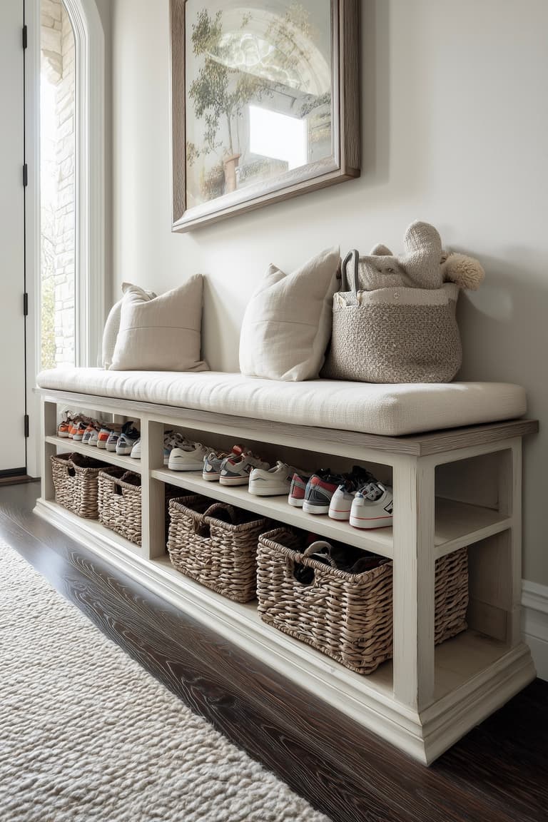 Banc d'entrée avec rangement chaussures ouvert, paniers en osier et coussin, meuble peu encombrant pour famille