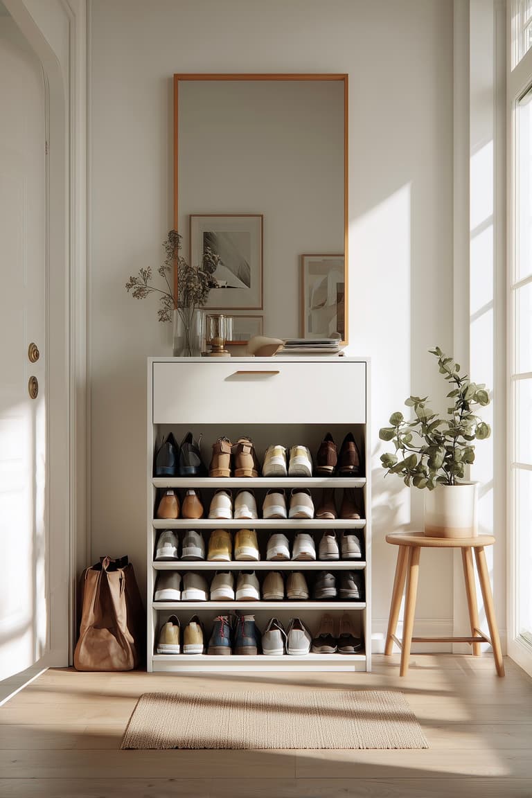 Meuble chaussures entrée peu encombrant blanc avec abattant ouvert, étagères inclinées et grand miroir en bois