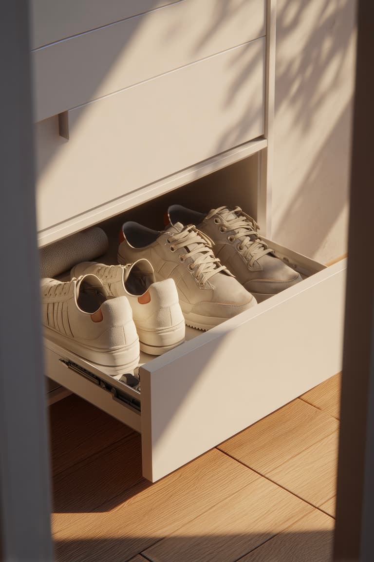 Détail tiroir coulissant ouvert d'un meuble chaussures entrée peu encombrant avec baskets rangées