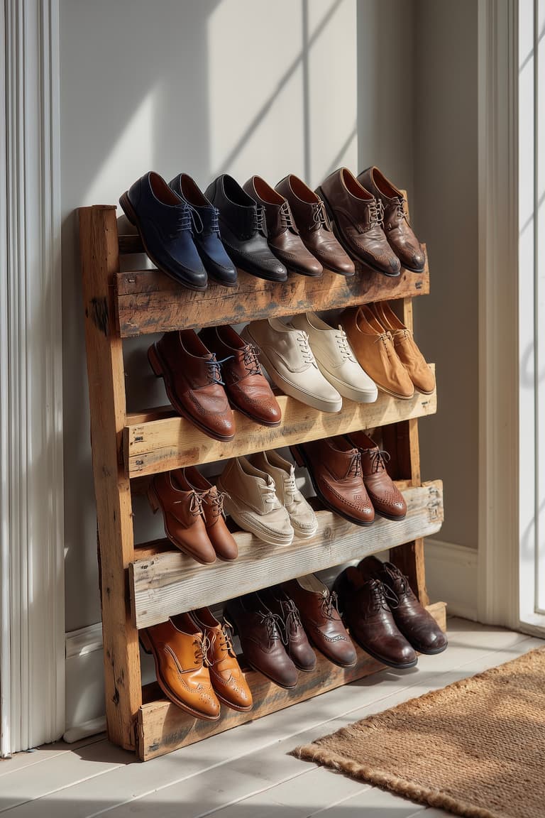 Meuble chaussures entrée peu encombrant DIY en palette recyclée appuyée contre le mur avec chaussures en cuir