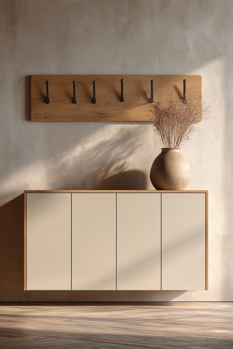 Meuble chaussures entrée peu encombrant style japandi blanc et chêne avec porte-manteaux mural en bois