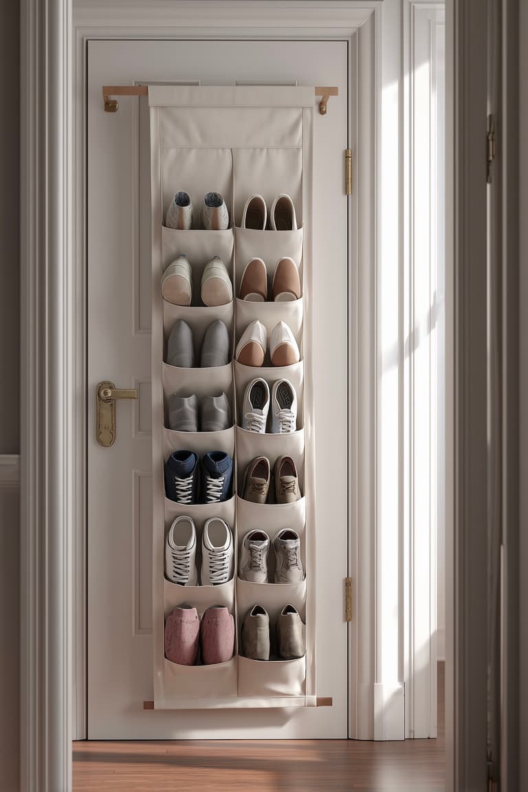 Meuble chaussures entrée peu encombrant avec organisateur en tissu suspendu derrière la porte