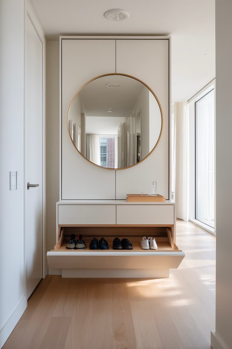 Meuble chaussures entrée peu encombrant avec tiroir basculant ouvert, grand miroir rond doré et rangement intégré