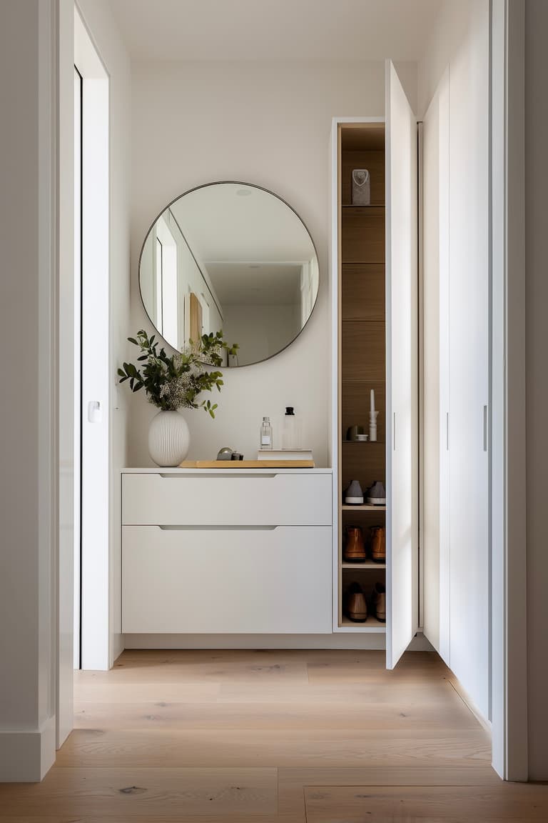 Meuble d'entrée blanc avec tiroirs et placard à chaussures intégré ouvert, miroir rond et vase fleuri