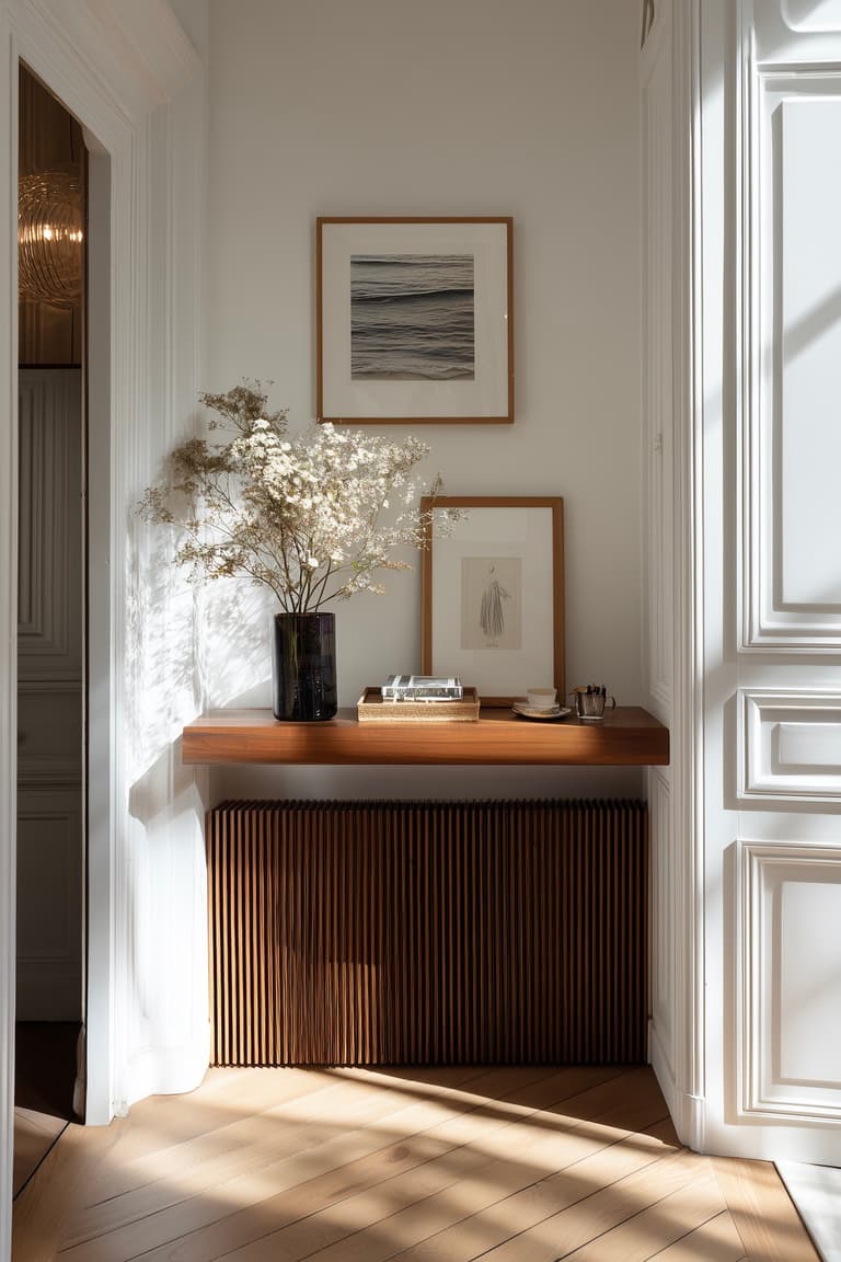 meuble entrée tablette autour chauffage fonte design