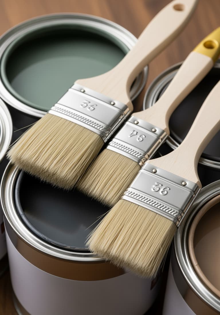 Options de personnalisation : des pinceaux posés sur des pots de peinture aux couleurs neutres et tendances.