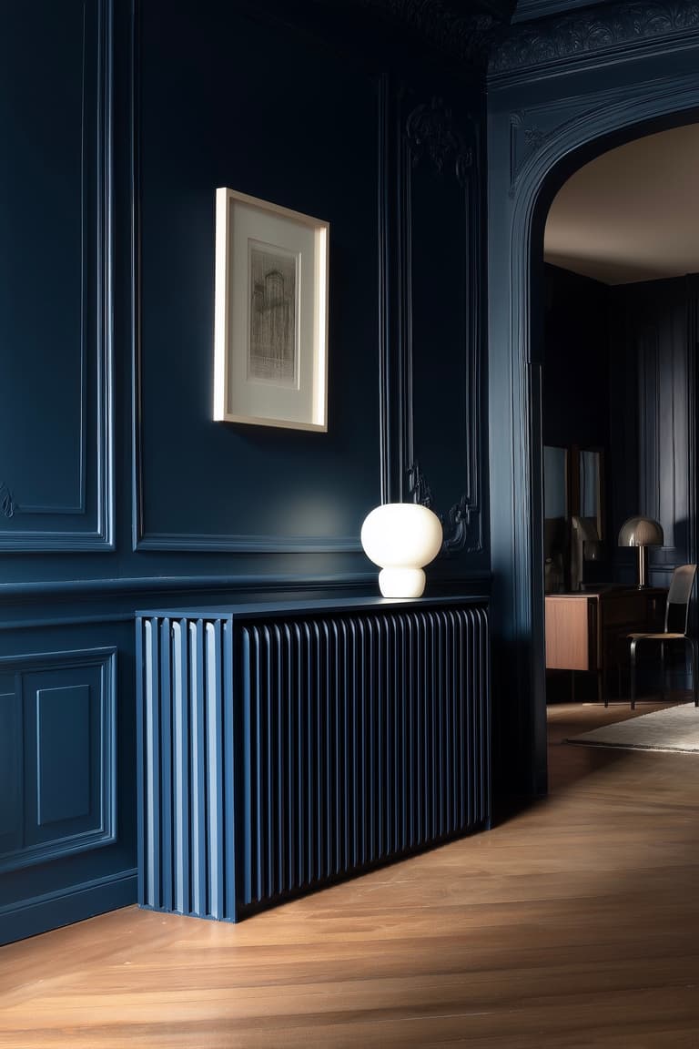 radiateur bleu nuit ton sur ton haussmannien peinture murale