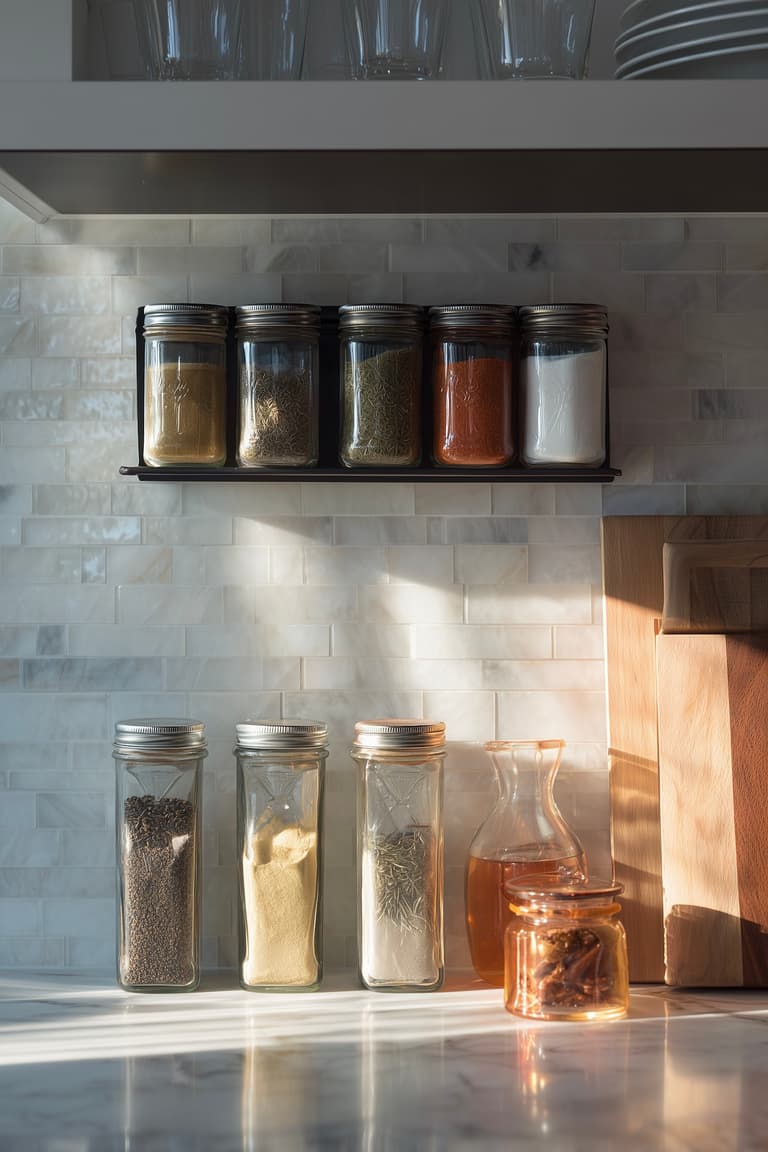 rangement cuisine bocaux épices verre carrelage marbre zellige