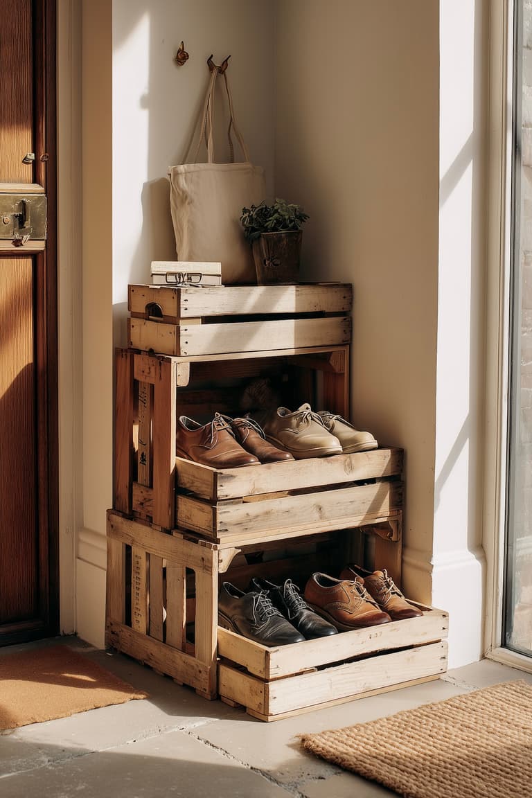 Rangement chaussures entrée peu encombrant avec caisses en bois empilées style recup dans un coin d'entrée