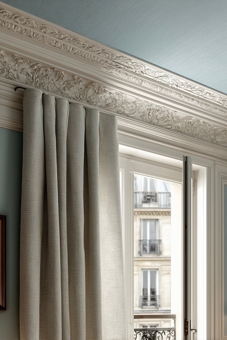 rideaux pleine hauteur soulignant moulures plafond haussmannien