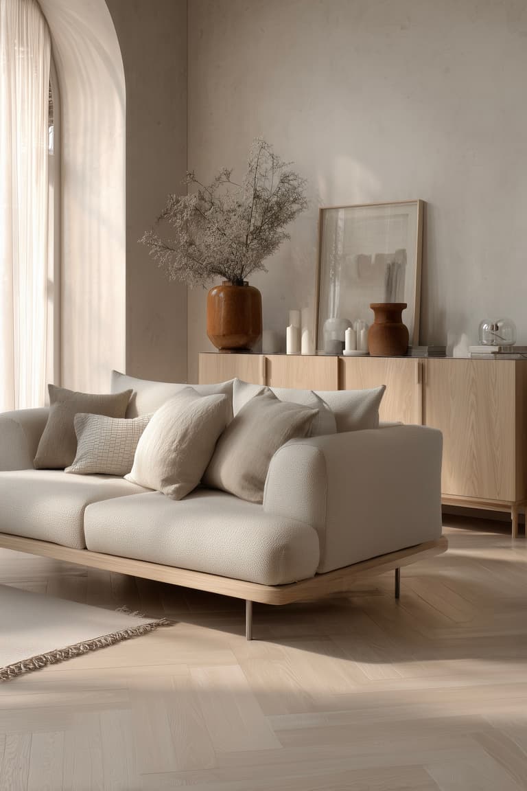 salon beige minimaliste canapé bas parquet clair