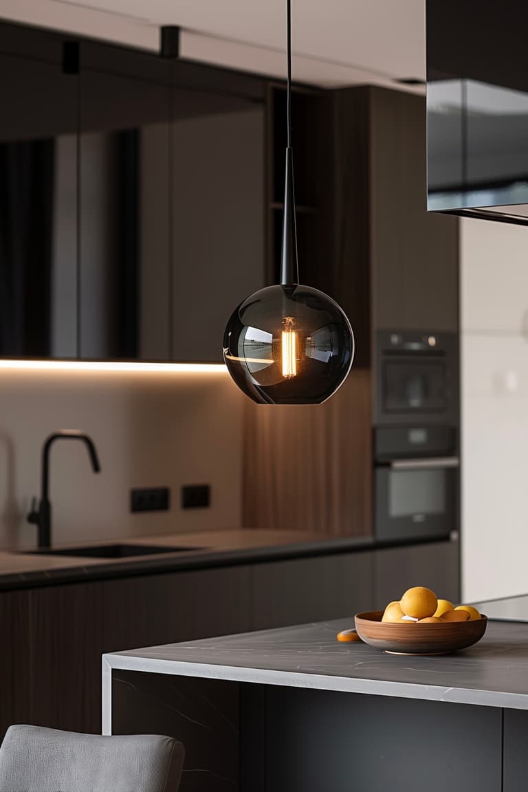 suspension DIY verre fumé cuisine contemporaine ilot