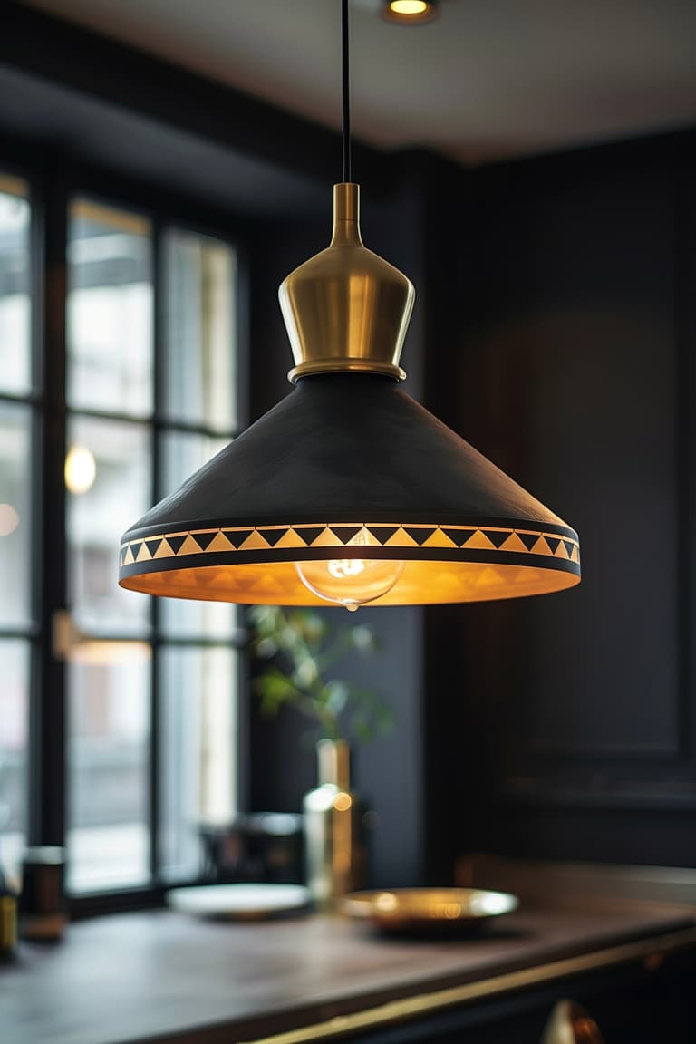 suspension noire liserés triangles doré cuisine design