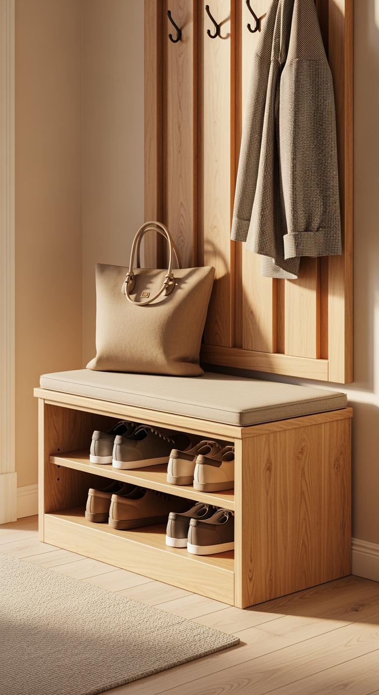 Un banc d'entrée multifonction en bois clair avec une étagère inférieure où des chaussures sont soigneusement rangées.