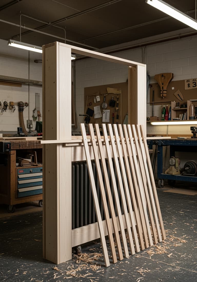 Un cache-radiateur en bois en cours de construction, avec la structure du cadre partiellement assemblée dans un atelier.